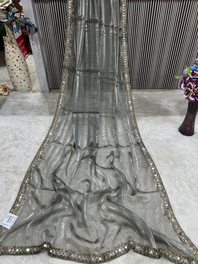 Chic Grey Organza Saree with Mirror Work & Sequin Embellished Border