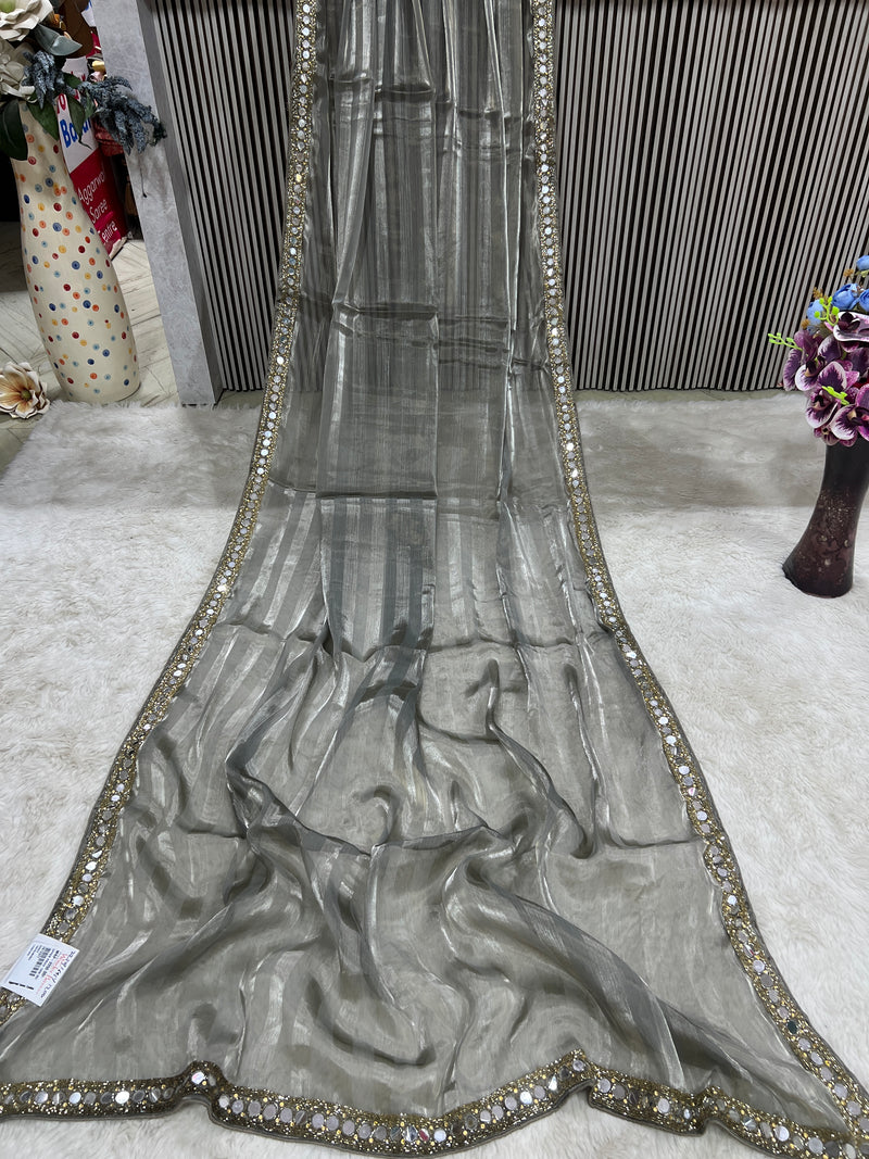 Chic Grey Organza Saree with Mirror Work & Sequin Embellished Border