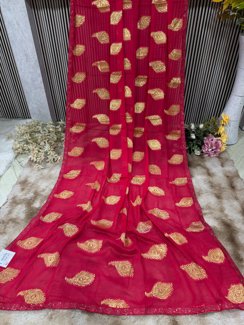 Pretty Pink Georgette Saree with Golden Peacock Feather Prints