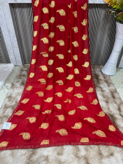 Vibrant Red Georgette Saree with Golden Peacock Feather Prints