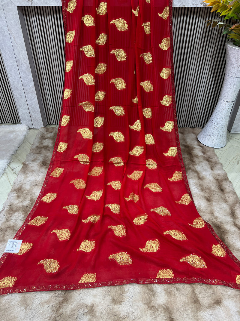 Vibrant Red Georgette Saree with Golden Peacock Feather Prints