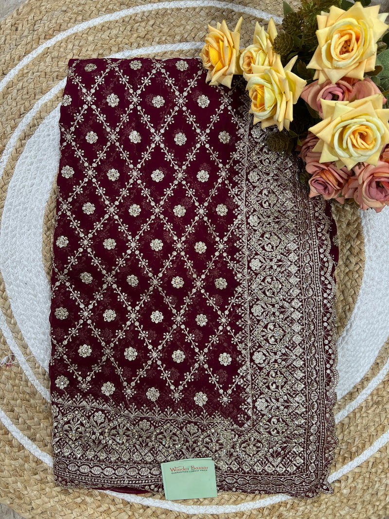 Enchanting Wine Embroidered Georgette Saree | Festive Party Wear