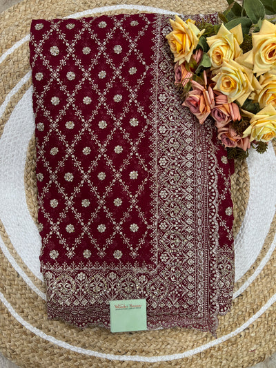 Enchanting Wine Embroidered Georgette Saree | Festive Party Wear