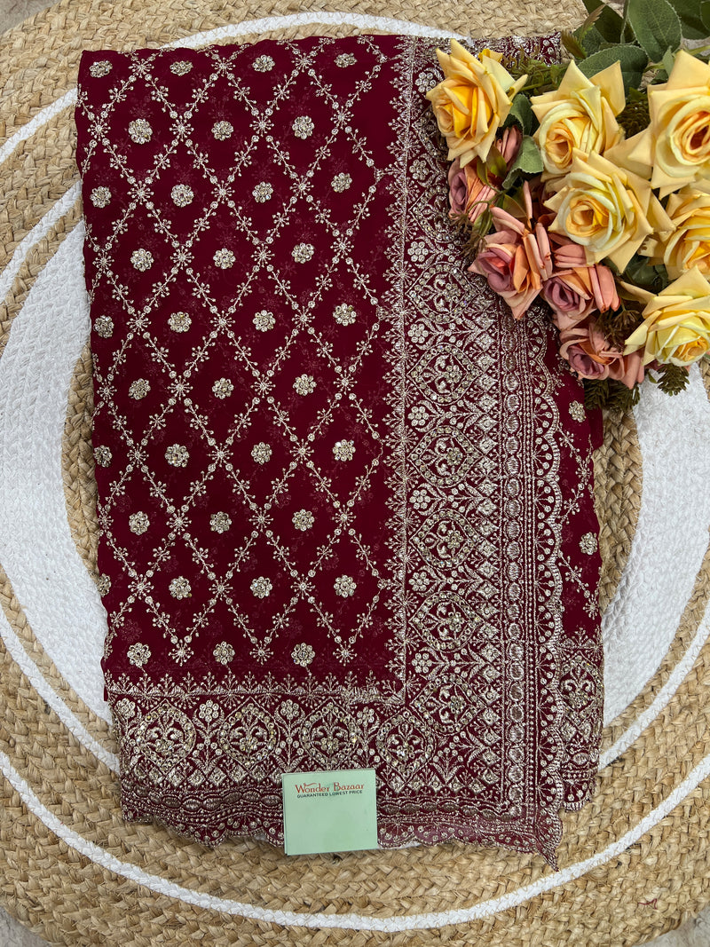 Enchanting Wine Embroidered Georgette Saree | Festive Party Wear