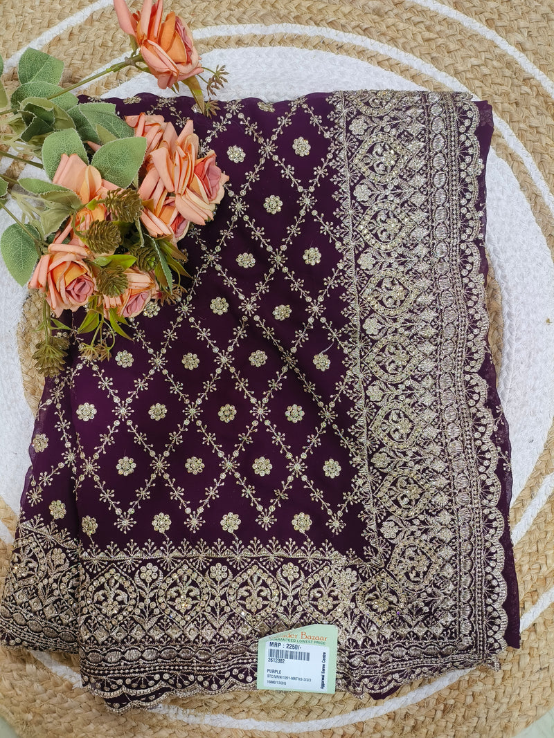 Enchanting Purple Georgette Saree with Golden Sequin Embroidery