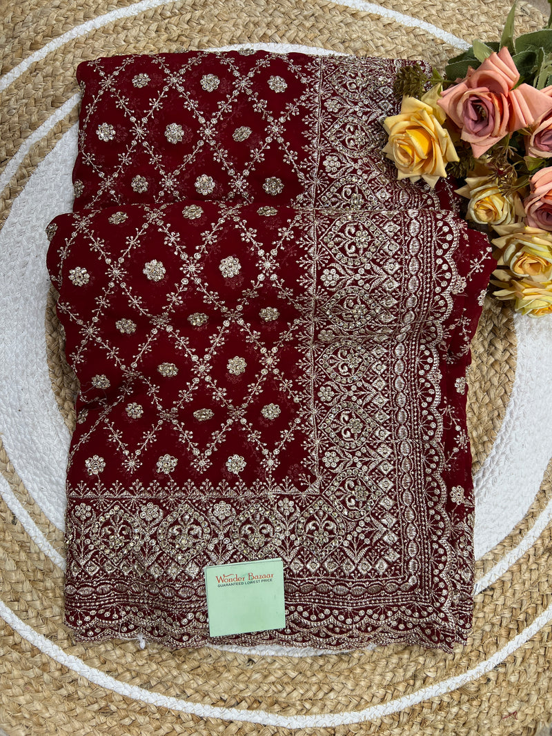 Enchanting Wine Embroidered Georgette Saree | Festive Party Wear