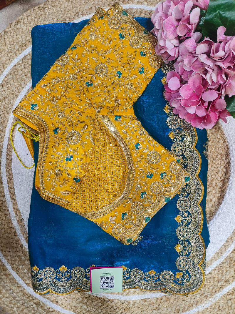 Glamorous Deep Blue Fancy Saree with Embroidered Yellow Blouse