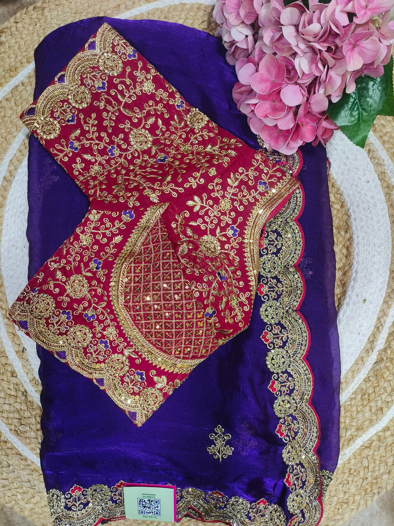 Glamorous Deep Blue Fancy Saree with Embroidered Yellow Blouse