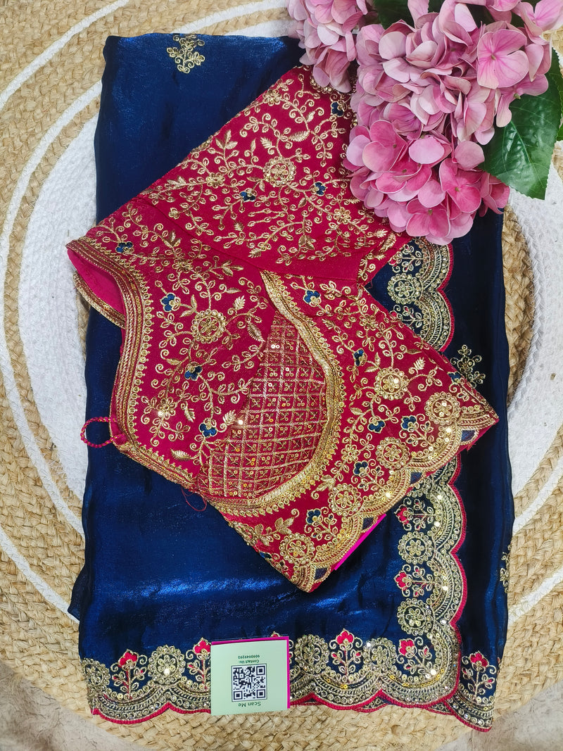 Glamorous Deep Blue Fancy Saree with Embroidered Yellow Blouse