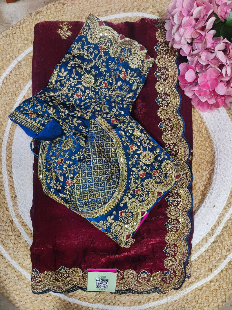 Glamorous Deep Blue Fancy Saree with Embroidered Yellow Blouse
