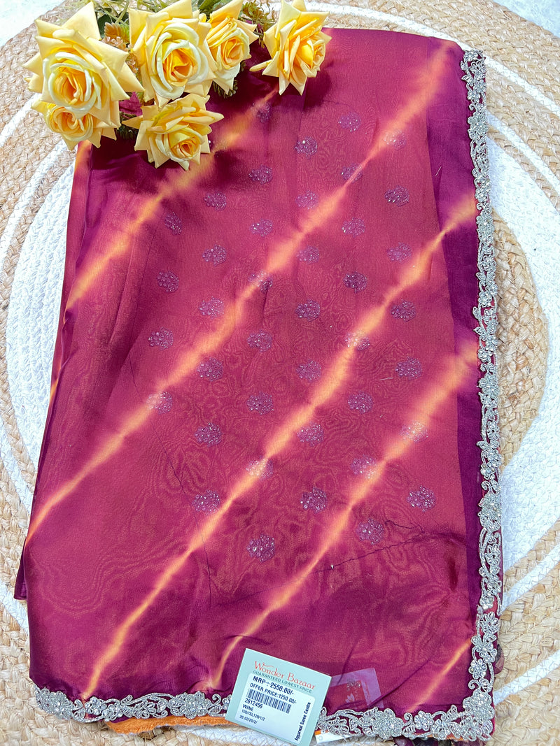 Enchanting Wine Leheriya Georgette Saree with Shimmer & Lace Border