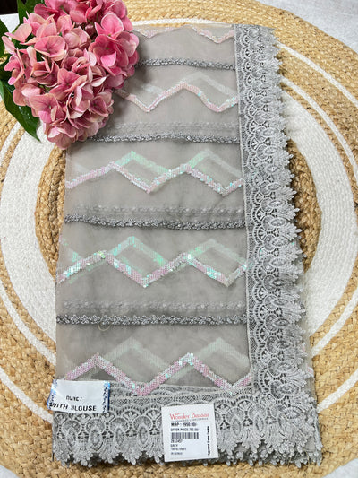 Sparkling Grey Net Saree with Zigzag Sequin Work & Heavy Lace Border
