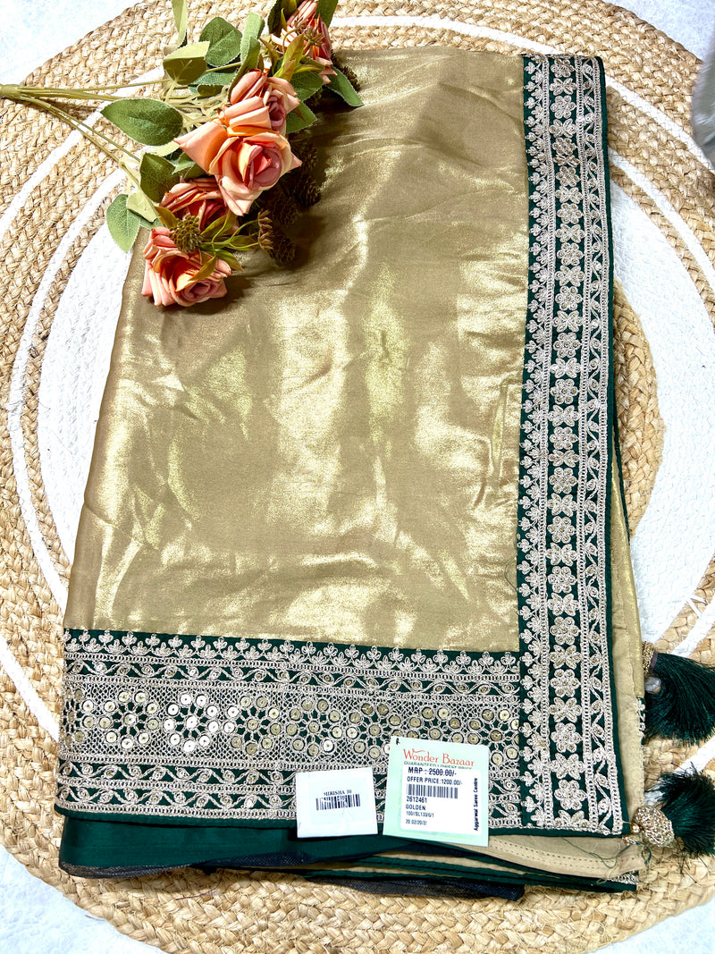 Regal Golden Art Silk Saree with Green Embroidered Sequin Border