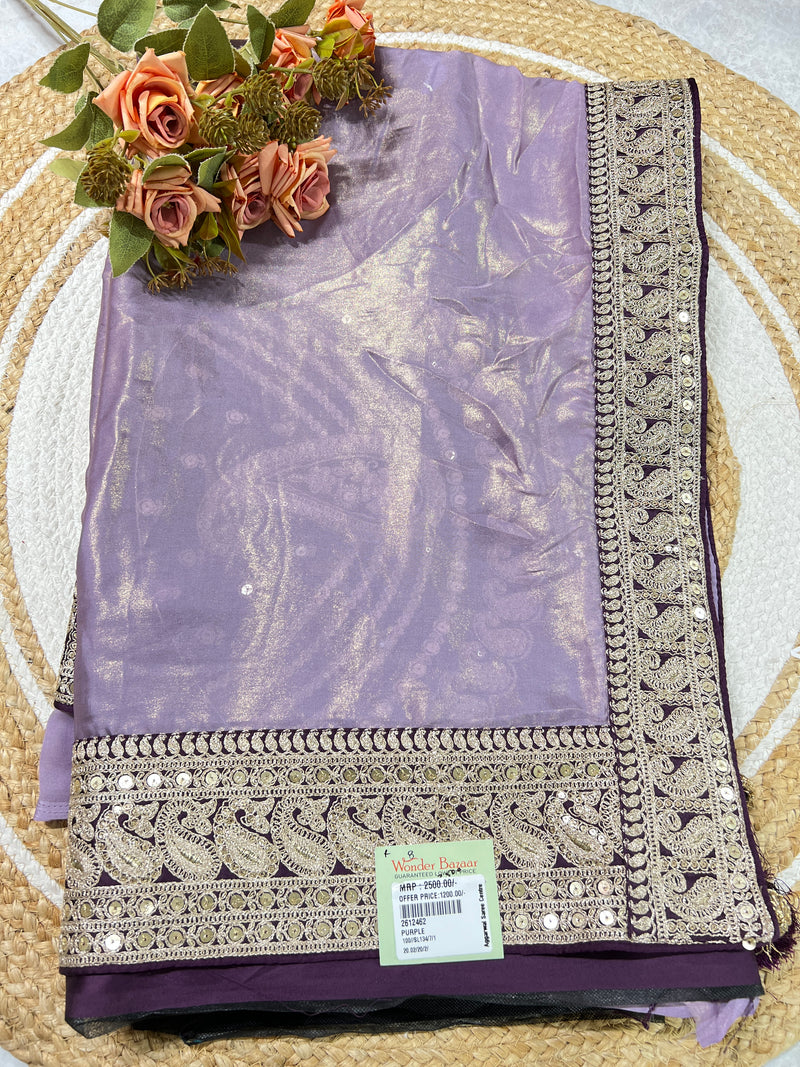 Luxurious Purple Silk Blend Saree with Gold Sequin Embroidered Border