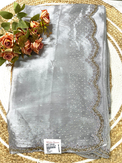 Chic Grey Georgette Saree with Delicate Sequin Border & Scattered Bling