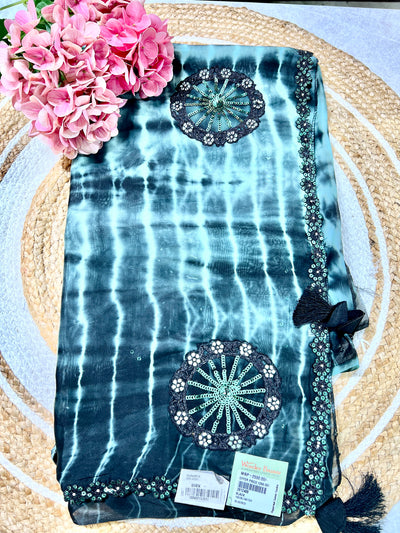 Trendy Black & Sea Green Tie-Dye Saree with Embroidered Medallions