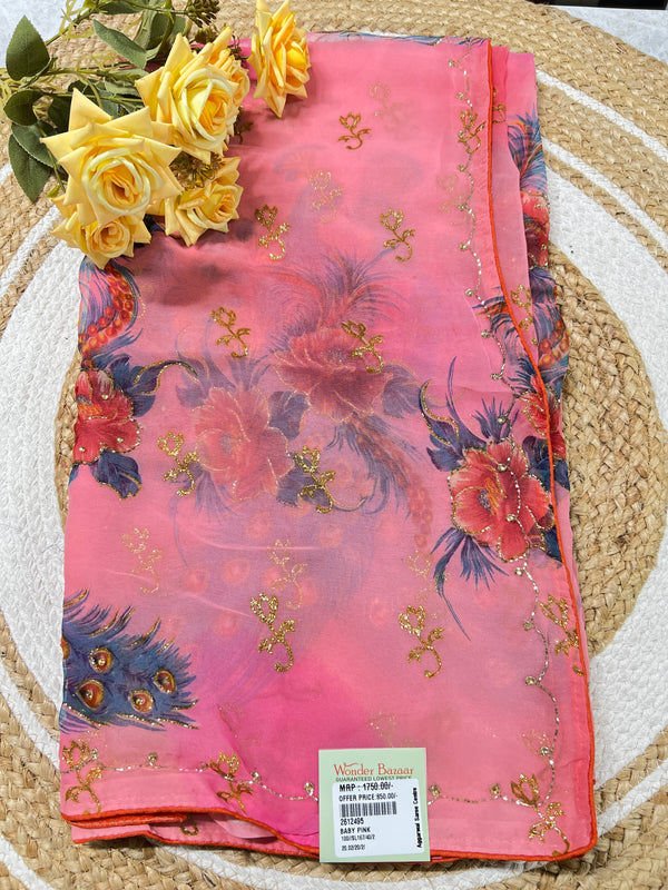 Charming Baby Pink Georgette Saree with Floral Glitter Prints