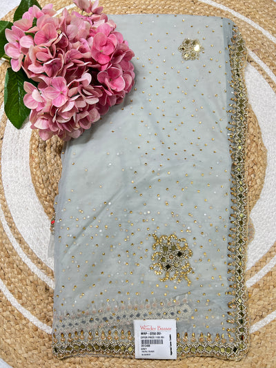 Sparkling Grey Net Saree with Gold Sequins & Intricate Mirror Work Border