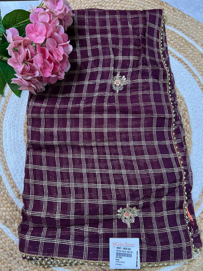 Graceful Wine Saree with Golden Zari Checks & Delicate Embroidered Motif