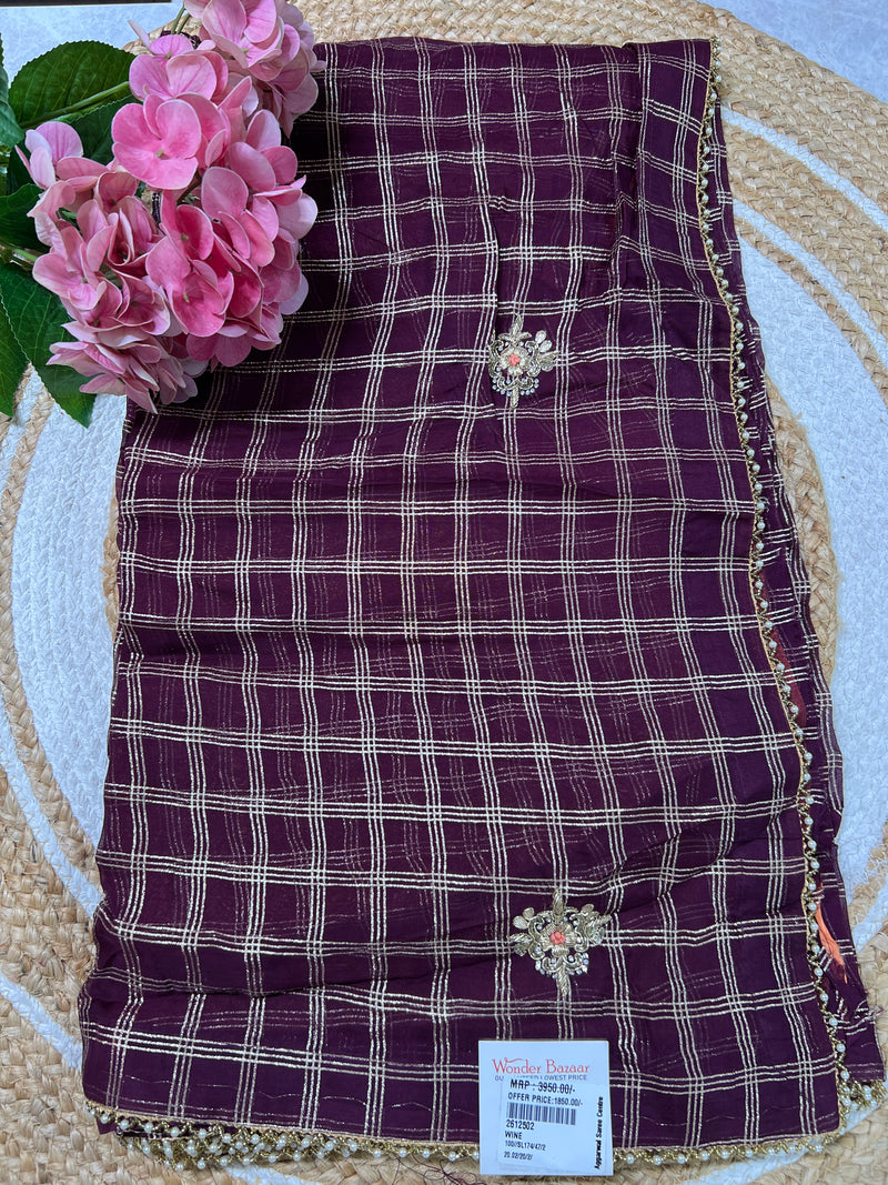 Graceful Wine Saree with Golden Zari Checks & Delicate Embroidered Motif