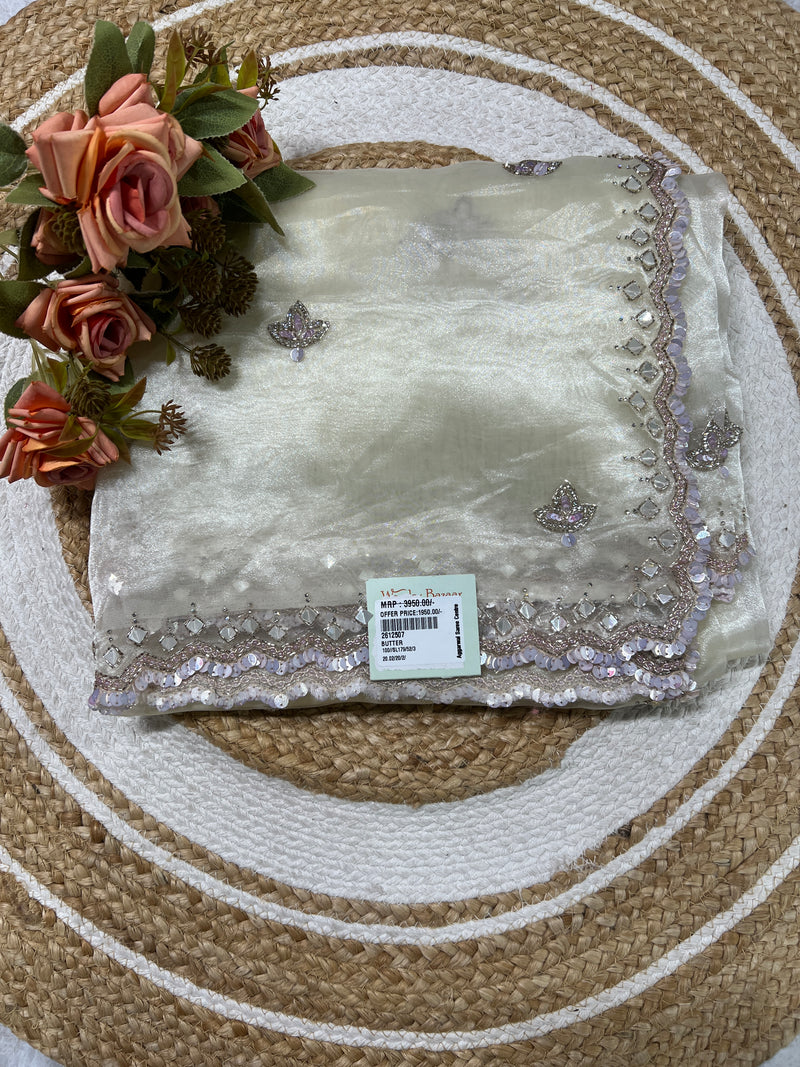 Elegant Butter Organza Saree with Sparkling Sequin & Threadwork