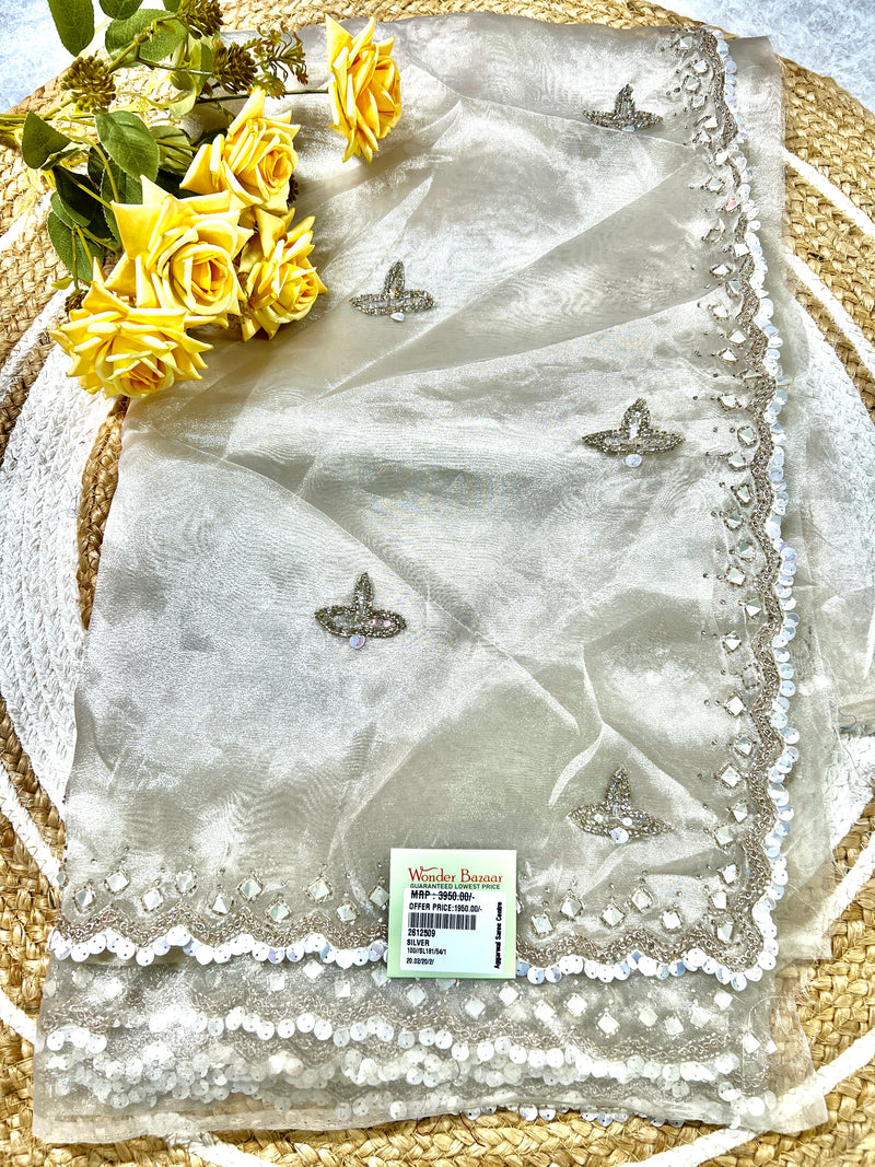 Dazzling Silver Organza Saree with Shimmering Sequin & Mirror Work