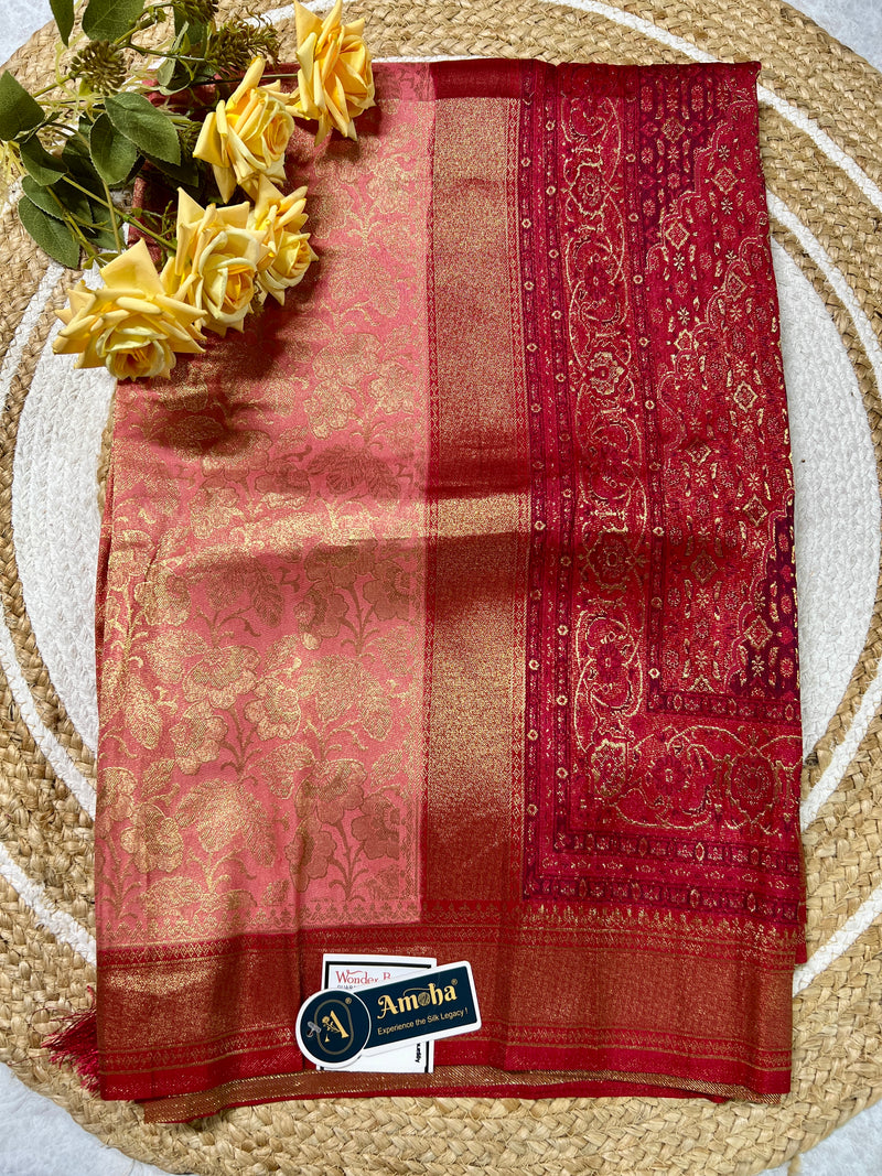 Exquisite Gajari & Red Silk Blend Saree with Grand Zari Weave
