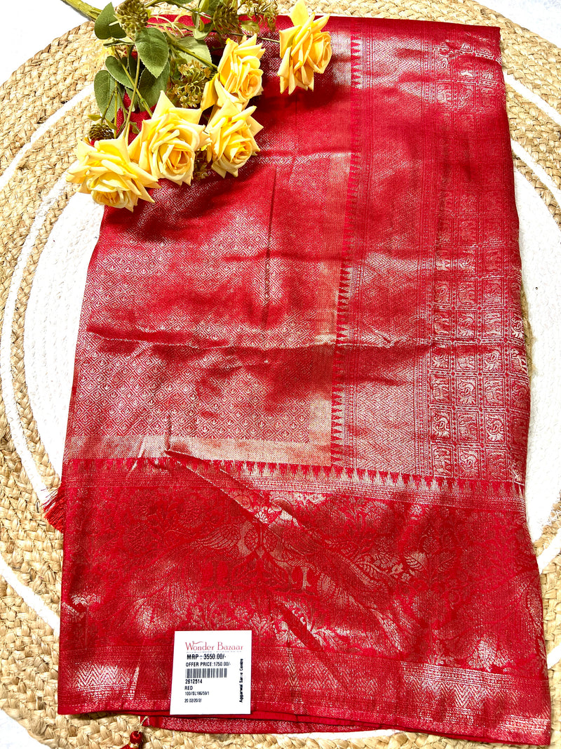 Vibrant Red Silk Blend Saree with Intricate Silver Zari Weaving