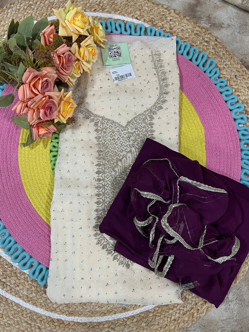 Elegant Cream Georgette Unstitched Suit with Emerald Green Dupatta