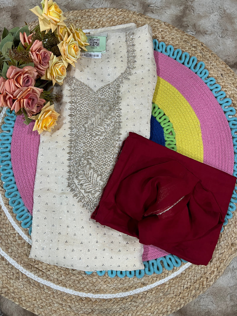 Elegant Cream Georgette Unstitched Suit with Emerald Green Dupatta