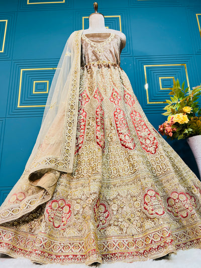 Regal Golden Beige & Red Non-Bridal Lehenga with Intricate Zari Embroidery