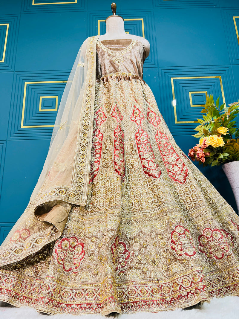Regal Golden Beige & Red Non-Bridal Lehenga with Intricate Zari Embroidery