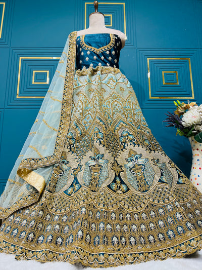 Majestic Teal Blue & Gold Non-Bridal Lehenga with Peacock Motifs