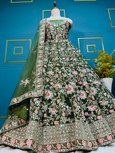 Enchanting Dark Green Floral Embroidered Non-Bridal Lehenga with Mirror Work
