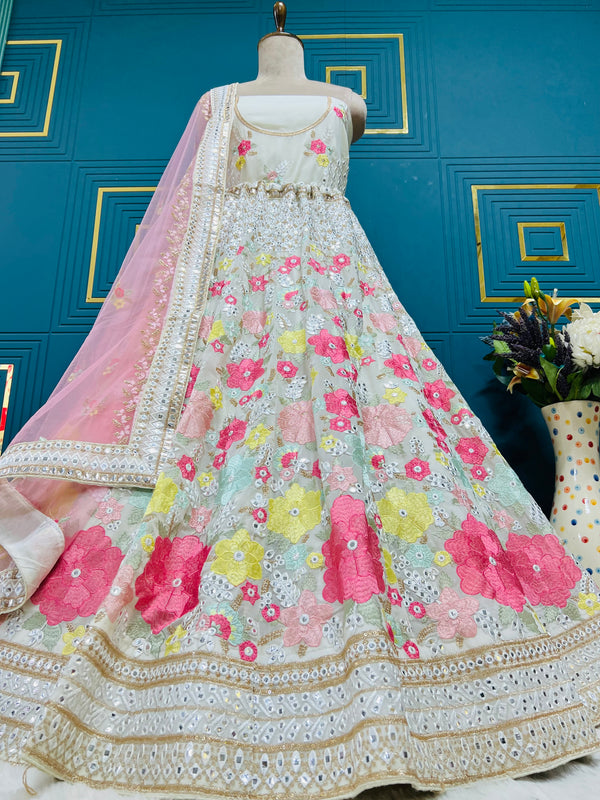 Charming White Floral Embroidered Non-Bridal Lehenga with Mirror Accents