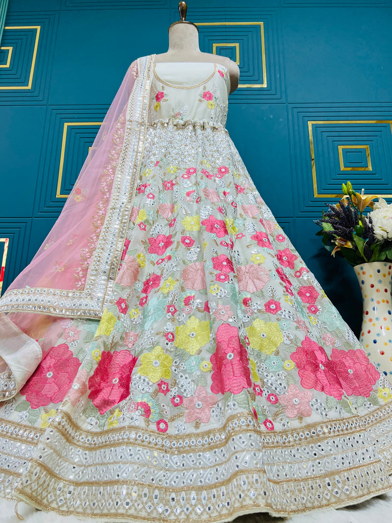 Charming White Floral Embroidered Non-Bridal Lehenga with Mirror Accents