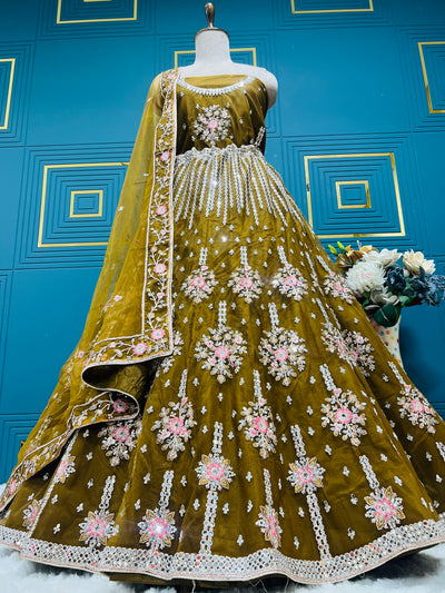 Chic Olive Green & Pink Floral Embroidered Non-Bridal Lehenga