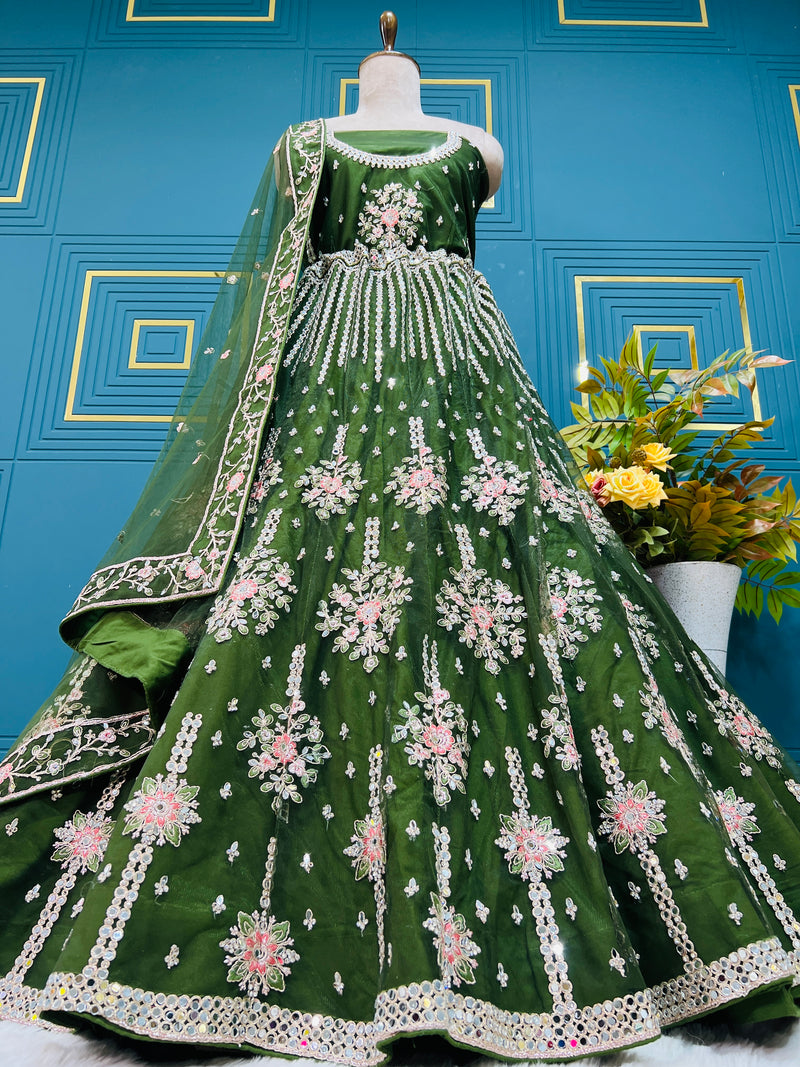 Chic Olive Green & Pink Floral Embroidered Non-Bridal Lehenga