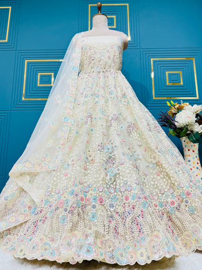 Enchanting Cream Multicolored Floral Embroidered Lehenga Choli