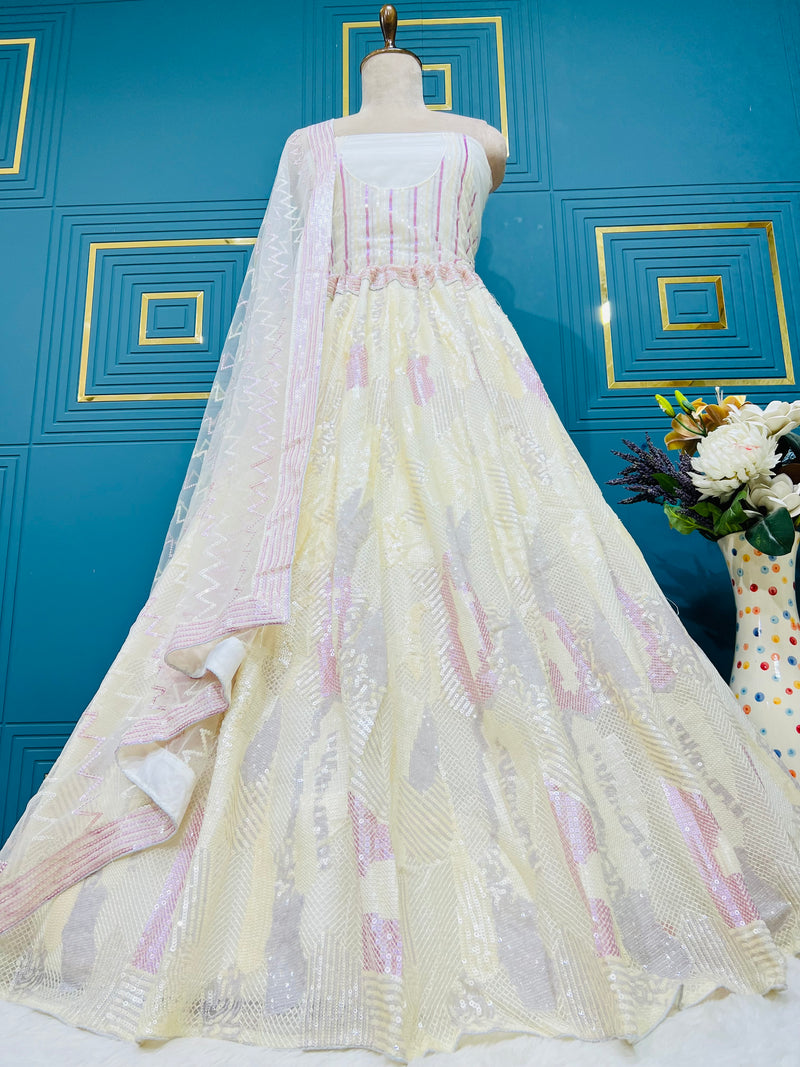 Chic Pale Yellow Geometric Sequin Lehenga Choli