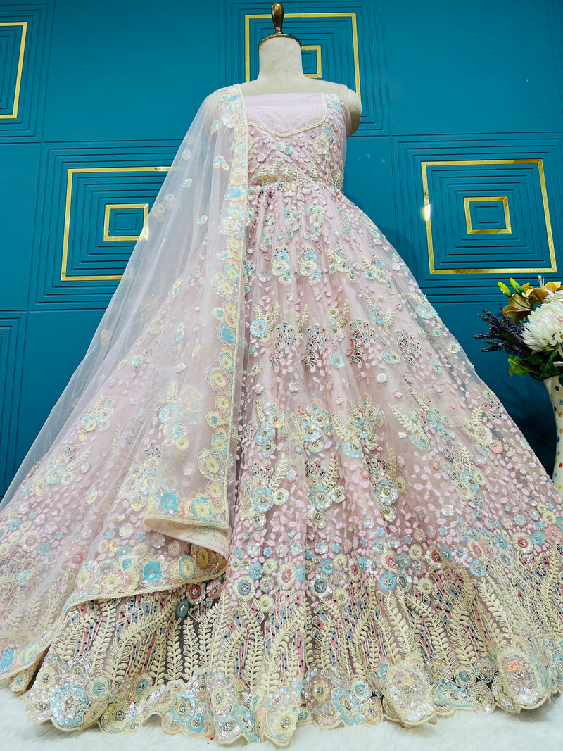 Dreamy Pastel Pink Multicolored Floral Embroidered Lehenga Choli