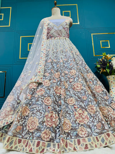 Sophisticated Grey-Mauve Romantic Floral Embroidered Lehenga Choli