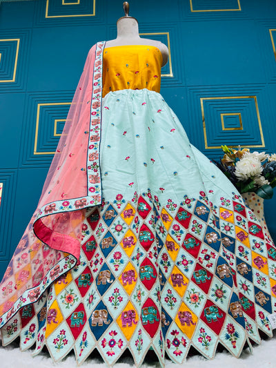 Vibrant Aqua Blue Lehenga Choli with Elephant Motif & Zari Work