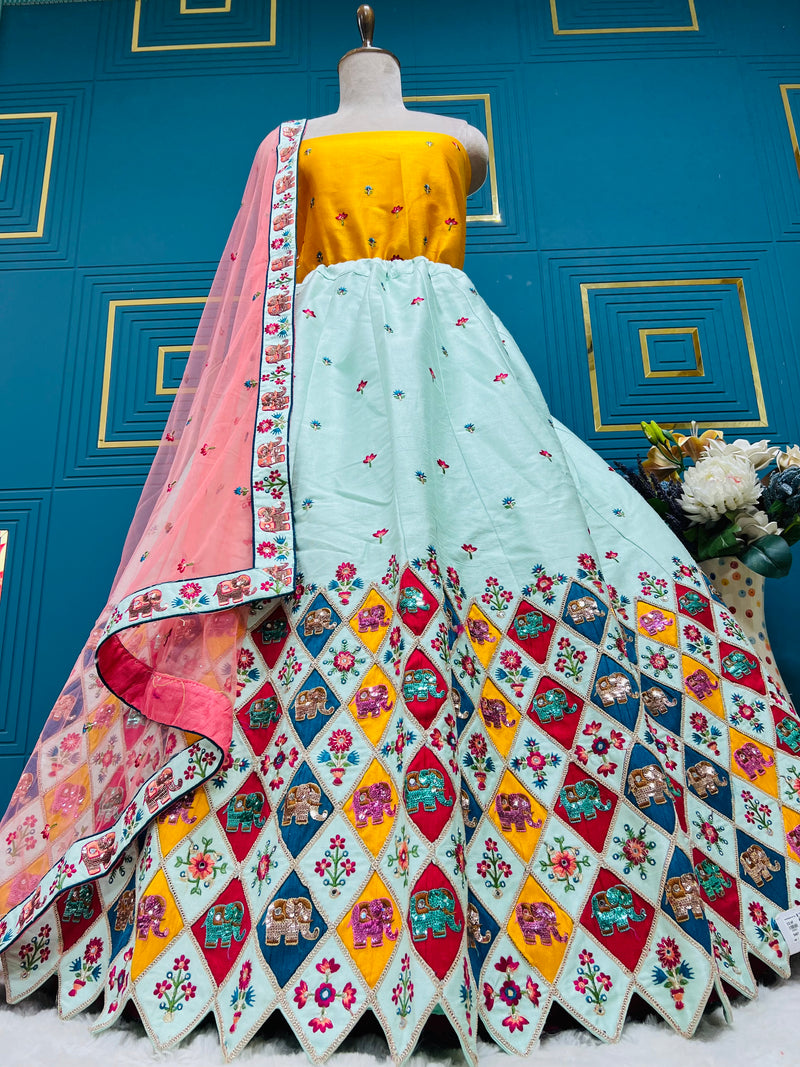 Vibrant Aqua Blue Lehenga Choli with Elephant Motif & Zari Work