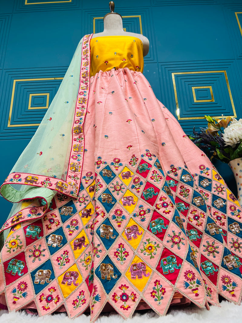 Vibrant Aqua Blue Lehenga Choli with Elephant Motif & Zari Work