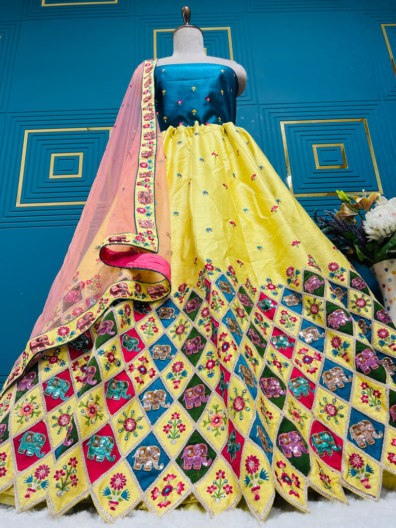 Vibrant Aqua Blue Lehenga Choli with Elephant Motif & Zari Work