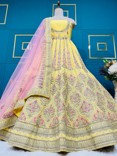 Opulent Yellow Embroidered Lehenga Choli with Heavy Zari Work