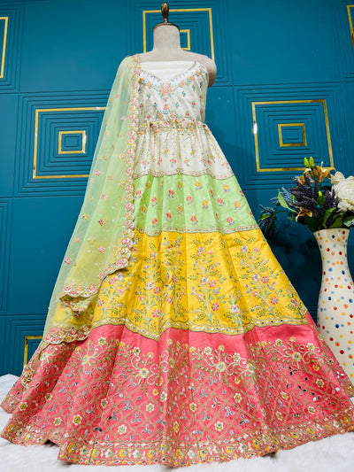 Vibrant Multi-Color Tiered Lehenga Choli with Floral Sequin Work
