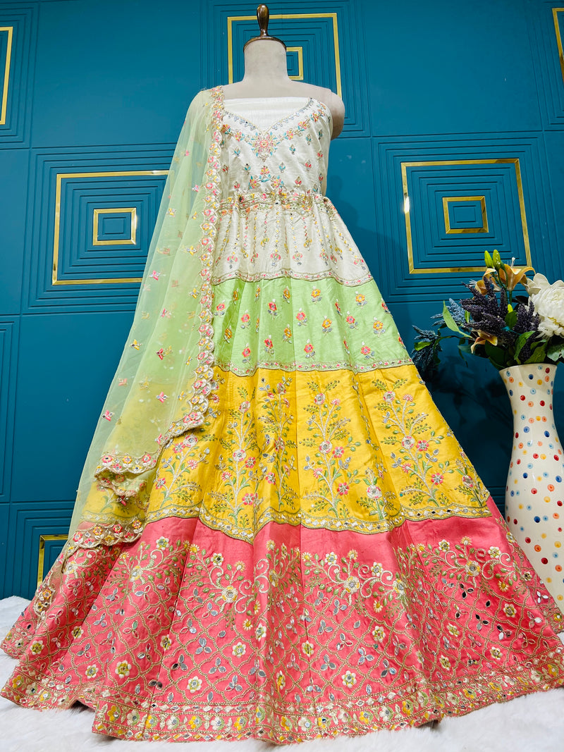 Vibrant Multi-Color Tiered Lehenga Choli with Floral Sequin Work
