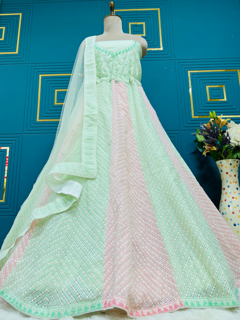 Elegant Mint Green & Pink Striped Lehenga Choli with Chikankari Embellishment